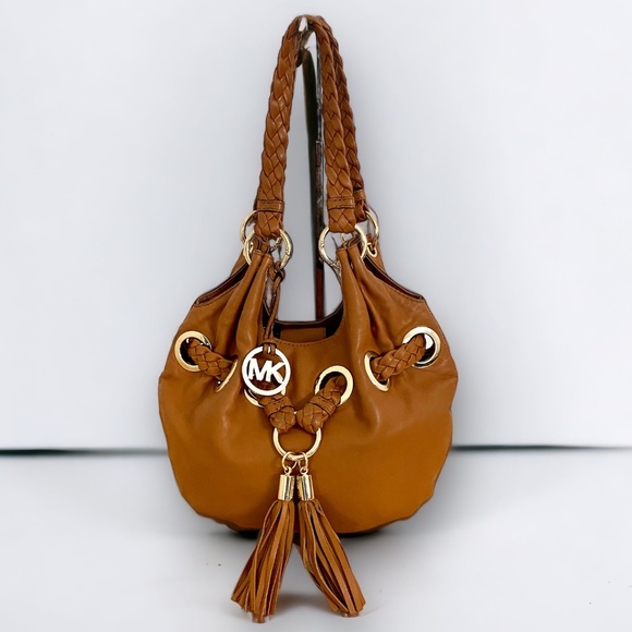 Michael Kors Handbags - Michael Kors Leather Slouchy Braided Tassel Camden Drawstring Hobo Bag in Saddle
